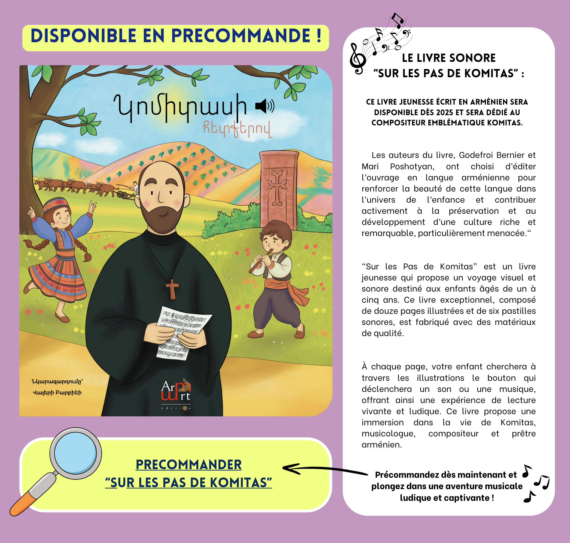 Livre sonore jeunesse Sur les pas de Komitas, disponible en Français et en Arménien