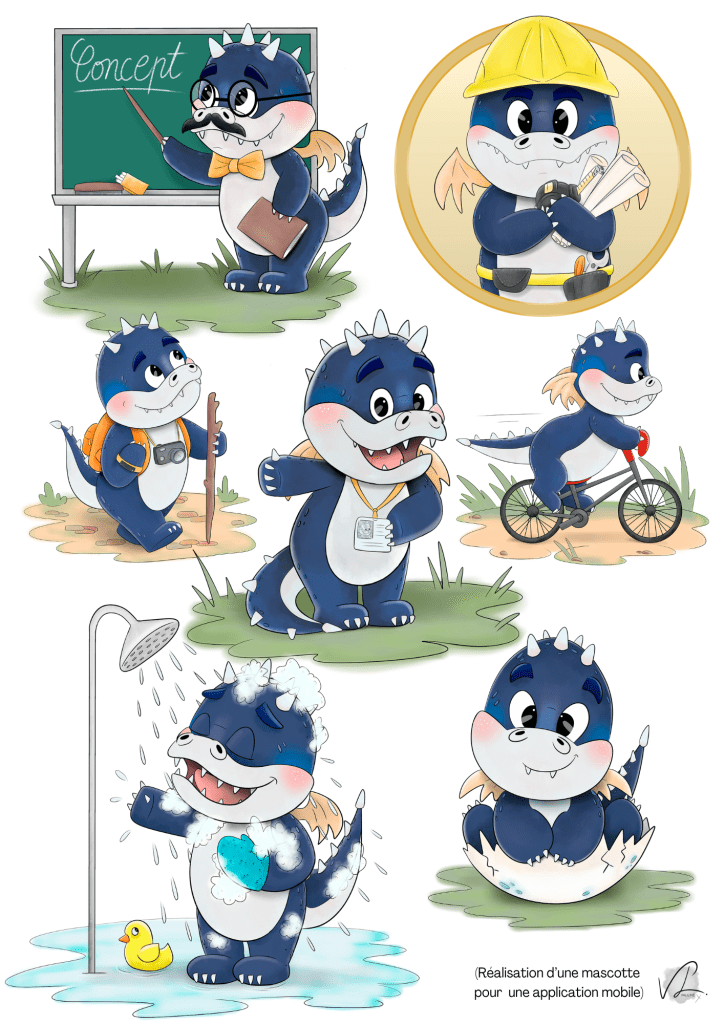 visuels mascotte d'un petit dragon réalisant plusieurs actions pour une application mobile et un site web