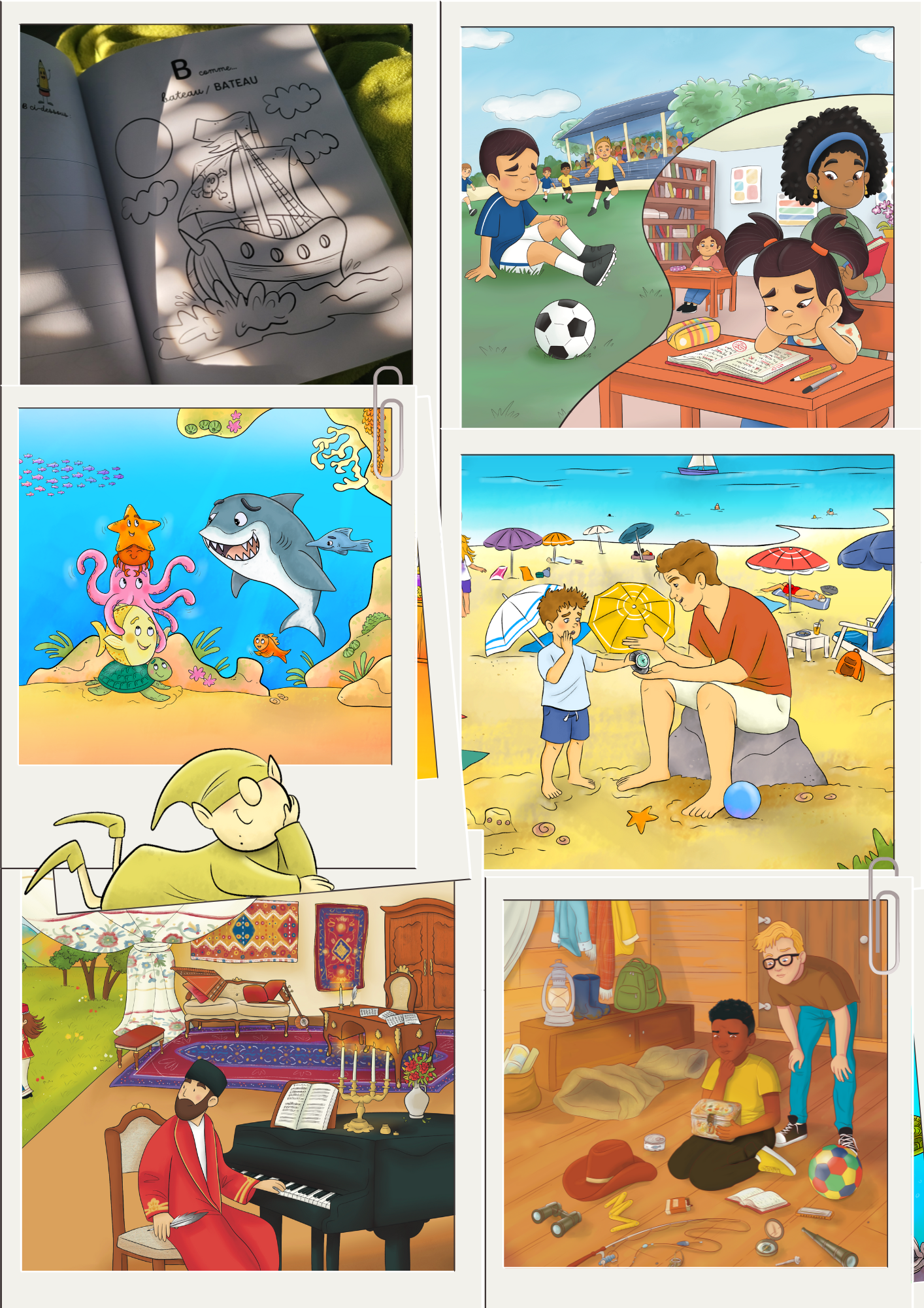 Plusieurs illustrations réalisées pour des livres et romans jeunesse dans des styles différents
