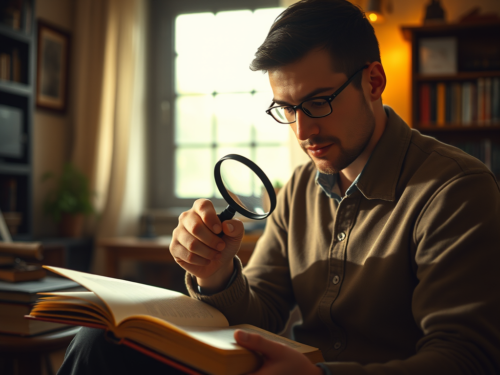 homme qui scrute un livre avec sa loupe